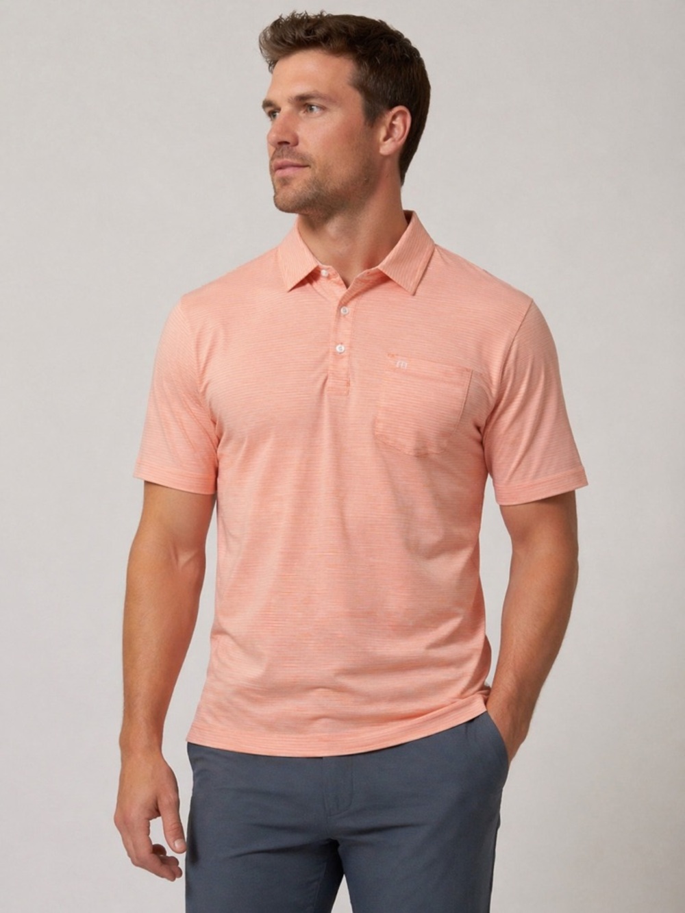 TRAVIS MATHEW SALMON MICRO STRIPE POCKET GOLF CASUAL SHORTSLEEVE POLO / LARGE